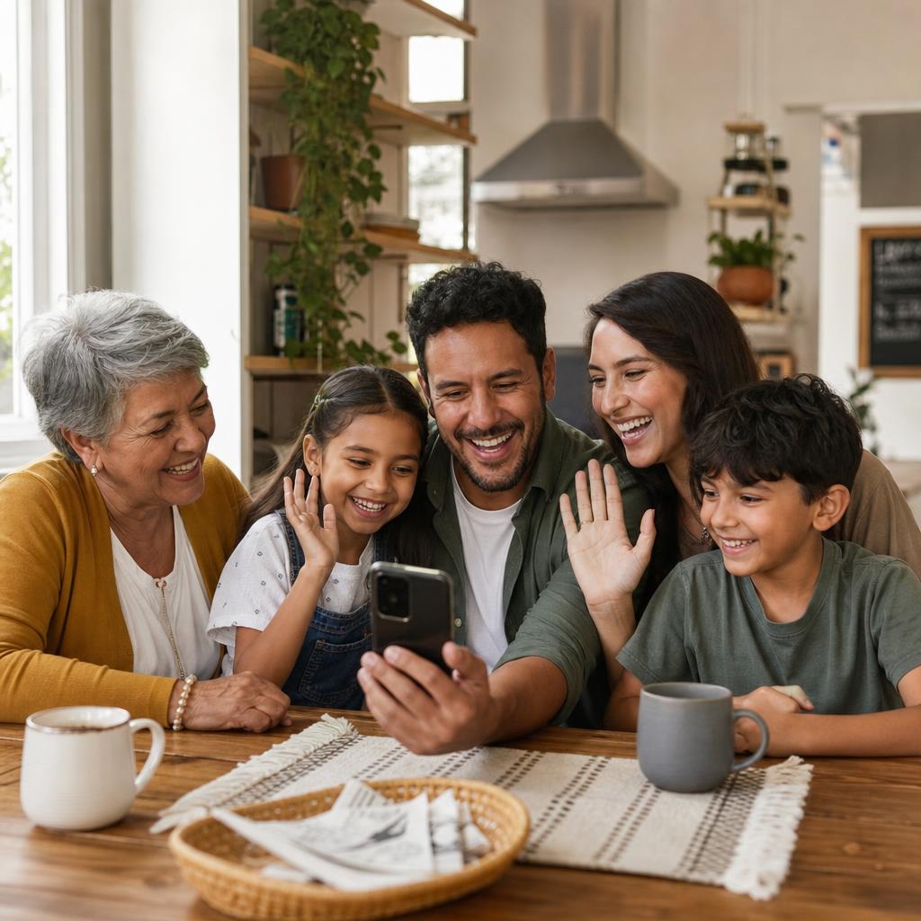 Multigenerational family connecting by phone